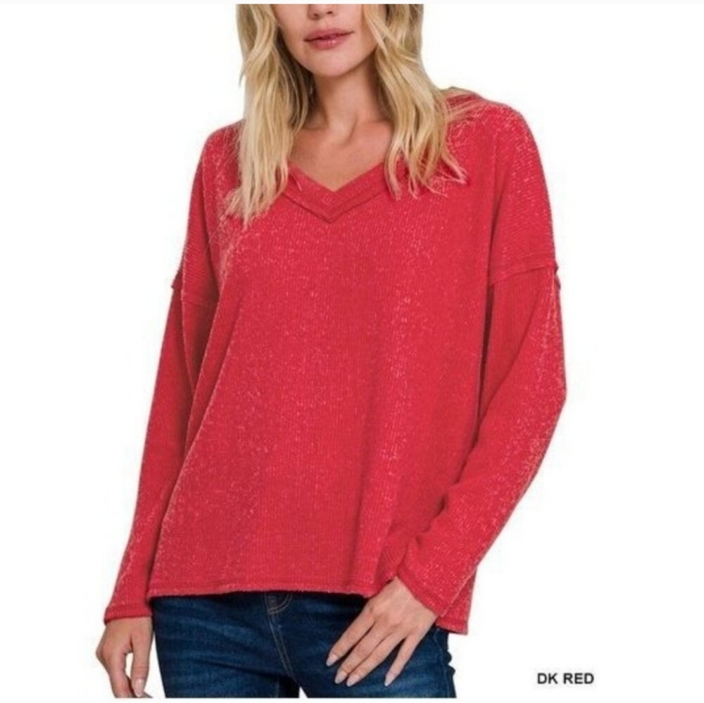 #339 Zenana- Red Ribbed V-Neck Drop Shoulder Brushed Top Size 3X
